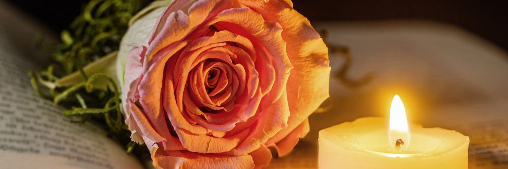 Eine Rose und eine Kerze liegen auf einem geöffneten Buch